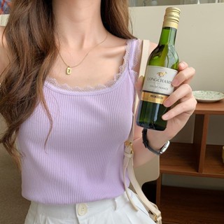 【肉肉家中大碼女裝】S-3XL 大尺碼春秋新款螺紋吊帶內搭西服無袖打底衫夏季蕾絲花邊性感背心上衣服