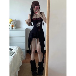 法式不規則飄帶黑色抹胸洋裝女2025夏季新款緊身顯瘦印花短裙子 Pearl Girl