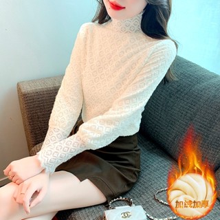 磨毛加厚蕾絲上衣女冬季新款高領網紗加絨打底衫女時髦時尚洋氣