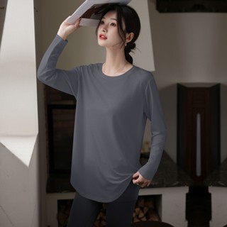愛依依 上衣 長袖T卹 素色 S-2XL 新款冰絲寬鬆設計感下擺弧形長袖打底衫女上衣t-1291.