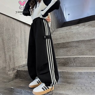 【YAOEENH】120-170CM 春秋款女童時尚直筒寬褲 中大童寬鬆條紋休閒褲 現貨 快速出貨