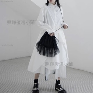 |50-90kg可穿長袖襯衫裙女中長款春鞦款寬鬆韓版下襬不規則小眾連身洋裝 大尺碼洋裝 寬鬆洋裝