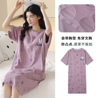 帶胸墊睡裙女生 大尺碼 睡衣 夏季薄款 家居服 長款過膝 防凸點 不走光 可外穿 寬鬆版型 時尚卡通印花 舒適圓領