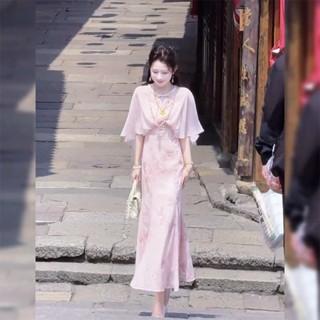 🌸春天🌸 免運 超僊新中式 飄逸 披肩 洋裝 連身裙 女夏季 重工 收腰 魚尾 長裙 禮服裙 超美 炸街 限時折扣