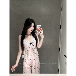 【IRIS香夜薇語】桃芝夭夭 法式甜美溫柔粉色愛心波點吊帶睡衣冰絲家居服套裝