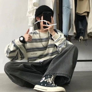 NANS 臺灣現貨 長袖 T恤 Ins超火新款流行條紋長袖t恤男春秋暗黑風中長款撞色學生寬鬆上衣