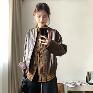 美式短款皮衣外套女秋季新款慵懶風寬鬆設計感複古小立領機車夾剋