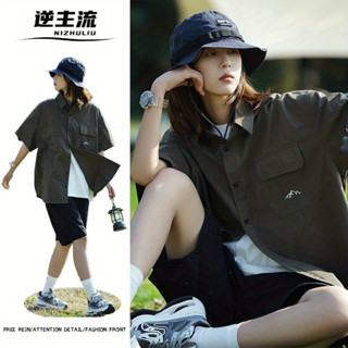 【逆主流】日系水洗純棉襯衫 美式潮牌工裝襯衫 不規則口袋短袖襯衫 ins復古潮流襯衫 男女機能風襯衣 港風夏季情侶上衣