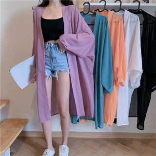 【時光服飾】【店鋪熱賣】夏季 韓版chic新款中長款復古港味外套寬鬆韓版百搭雪紡防曬衫