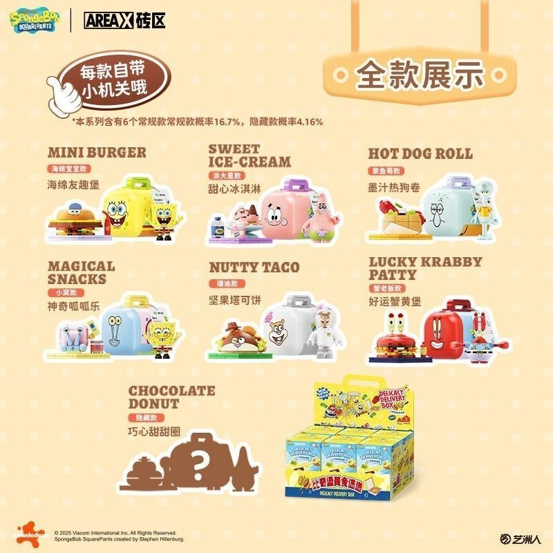 比奇堡的居民們 【美味盲盒】AREAX磚區海綿寶寶積木比奇堡美食速遞盲盒可愛擺件送小朋友禮物