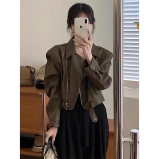 複古pu皮衣外套女2023秋季小個子時尚百搭顯瘦機車皮短款夾剋上衣