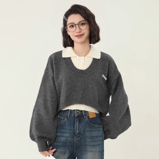 學院風灰色短款POLO領長袖毛衣女秋冬季寬鬆設計感針織上衣兩件套