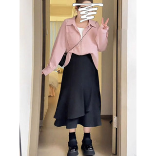 7947L-大碼法式拉鍊設計感長袖襯衫女 春秋顯瘦寬鬆休閒POLO領襯衣 假兩件襯衫上衣