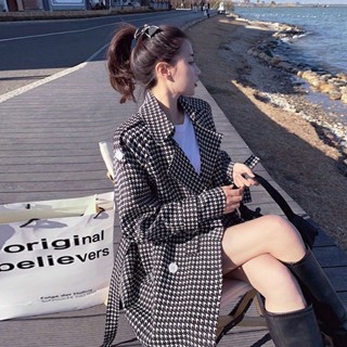 港風復古千鳥格子外套大衣風衣女中長版 小個子春秋冬裝 韓版ins休閒寬鬆收腰帶綁帶格紋大衣外套西裝領百搭顯瘦氣質