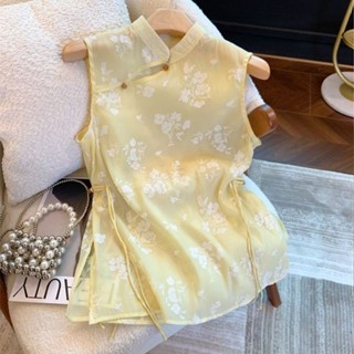 新中式黃色提花蕾絲衫女夏款國風盤扣旗袍立領襯衫無袖網紗小上衣女夏款新款黃色提花蕾絲襯衫20250424