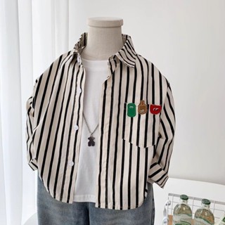 男童襯衫外套Boys' shirt jacket【店鋪】男童直條紋襯衫2024秋季韓版兒童純棉薄款襯衫中兒童帥氣上衣yu