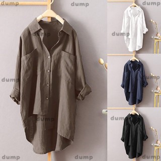 臺灣出貨⭐S-5XL 棉麻長版 女裝 襯衫 寬鬆 2020新品女裝休閑風純色襯衫鞦季棉麻開衫雙口袋長袖上衣dump