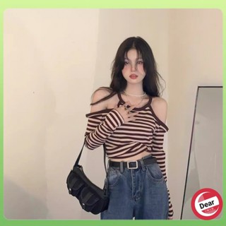 【Dear】設計感露肩條紋T恤女秋季新款小眾緊身長袖顯瘦短款學生上衣