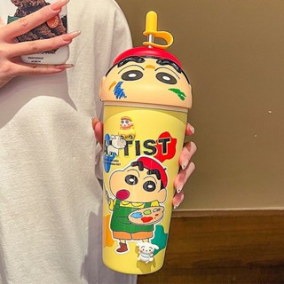 蠟筆小新水杯 女生冰霸杯 高顏值學生保溫杯 帶吸管行動式水杯 潮流卡通水杯 杯子吸管雙層