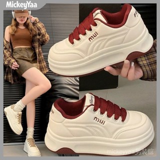 【 mickeyyaa服飾舘】時尚厚底運動休閒鞋女2025春季新款百搭圓頭皮麵小白鞋增高女闆鞋