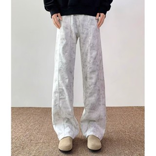 【HOT 本舖】男裝 美式髒髒白色扎染牛仔褲男秋季高街復古cleanfit直筒寬鬆闊腿長褲