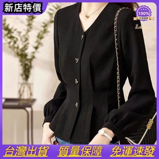 v領黑色襯衫女長袖2023秋季新款別緻漂亮小衫高階感收腰短款上衣CHENS~