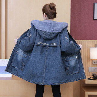 加絨 加厚 保暖 連帽 牛仔 棉服 女 秋冬 韓版 寬鬆 大碼 中長款 仿 羊羔毛 外套