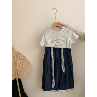ᴏɪᴄʜᴜᴜ♡｜110-170｜韓國童裝 女童夏季新款甜美套裝 刺繡蝴蝶結短袖T恤 蕾絲飄帶休閒闊腿牛仔褲