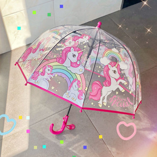 兒童獨角獸透明雨傘幼兒園寶寶攜帶加厚長柄傘可愛卡通時尚風