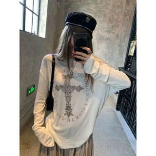 FXDAZI!個性長袖上衣秋季垂感毛邊印花長袖寬鬆T恤女設計感中長款薄款防曬上衣