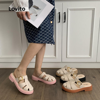 Lovito 休閒素色金屬扣拼色復古時尚金屬亮片防滑外穿平底涼鞋女式 LFA75009