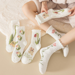 珊瑚絨 襪子 秋冬 花朵 鬱金香 保暖 中筒襪 少女襪 半邊絨 毛巾襪 居家睡眠襪 襪子女 女襪