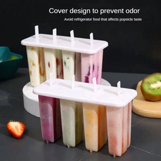 Diy 4 格冰淇淋模具自製冰棒製作模型冷凍冰淇淋模具帶蓋和棒廚房工具 XQFJ