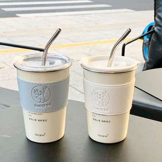 環保杯 不鏽鋼杯 不鏽鋼咖啡杯吸管杯便攜車用大容量保溫保冷美式拿鐵杯子隨行水杯