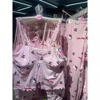 可愛 hellokitty 印花 吊帶 睡衣 女 夏季 新款 舒適 櫻桃 修身 家居服套裝