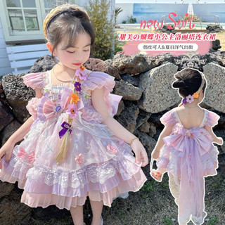 女童蘿莉塔公主裙 2024夏季新款花朵蓬蓬裙 兒童生日派對禮服日常洋裝透氣網紗洋裝 免運