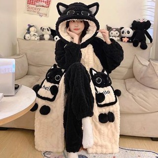 貓咪睡衣 女秋冬季長袍珊瑚絨加厚卡通家居服套裝法蘭絨保暖睡袍 日系睡衣 連帽睡袍 秋鼕季 珊瑚絨 睡衣 法蘭絨 連帽
