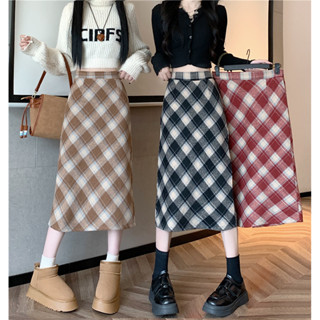 實拍~2023年冬季韓版加厚毛呢高腰長裙chi格子中長半身裙女