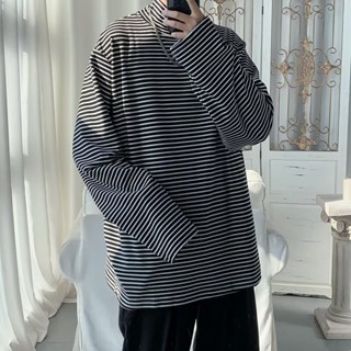 原宿風內搭寬鬆潮流百搭秋季長袖t恤男女高領條紋上衣情侶打底衫