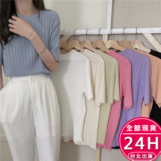 【梨卡】隔日到貨【冰絲】女裝 T恤 短袖 衣服 韓版上衣 圓領針織衫 女生衣服 溫柔風 夏天 GA3578【現貨24H】