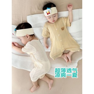 嬰兒連體衣夏季薄款短袖對開新生寶寶網眼哈衣純棉爬服無骨衣服