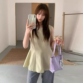 ROEM 韓國chic馬卡龍色系收腰無袖背心襯衫女夏季新款氣質百搭素色上衣