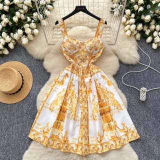 復古宮廷風印花連衣裙女復古法式修身A字派對禮服女士無袖高腰夏季長袍