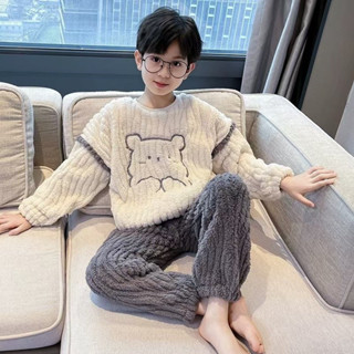 舒適慵懶兒童睡衣法蘭絨加厚款大男童珊瑚絨家居服秋冬季小孩冬天睡褲套裝
