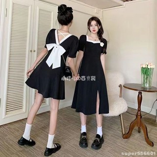 🥑炸街系列 大碼女裝胖mm顯瘦法式赫本風方領連身裙小眾別緻蝴蝶結開叉小黑裙 姐妹炸街洋裝 閨蜜裙子 長裙+短裙