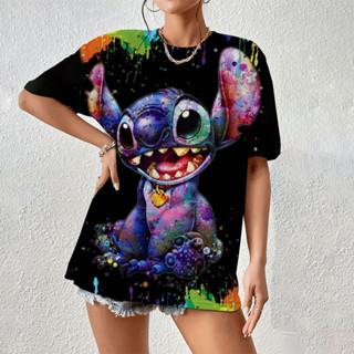90 年代 Stitch 迪士尼搞笑卡通 T 恤女 Lilo Stitch T 恤圖形 T 恤街頭服飾上衣 T 恤女裝