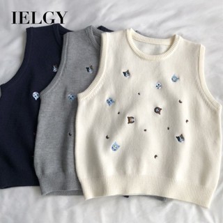 IELGY 貓刺繡學院風針織背心女寬鬆百搭上衣