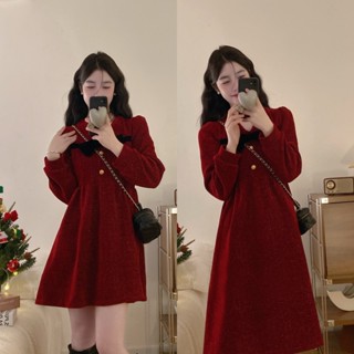 實拍~大碼胖mm新年戰袍紅色小香風蝴蝶結法式V領加厚顯瘦連衣裙