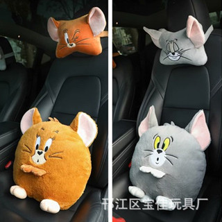 日系卡通可愛貓和老鼠汽車頭枕毛絨抱枕靠枕靠墊車用汽車內飾腰靠