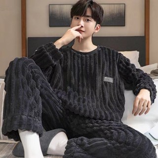 男士睡衣寬鬆刷毛家居服保暖[D1205]珊瑚絨睡衣男士秋冬款加絨加厚款套頭青少年保暖法蘭絨家居服套裝